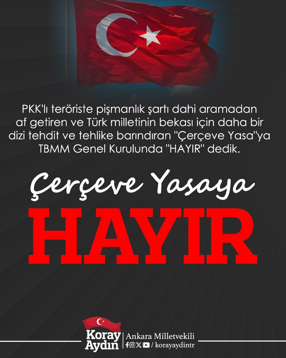 korayaydintr's tweet photo. Yangına su taşıyan karınca misali safımızı belli ettik; binlerce PKK'lı teröriste pişmanlık şartı dahi aramadan af getiren ve Türk milletinin bekası için daha bir dizi tehdit ve tehlike barındıran "Çerçeve Yasa"ya TBMM Genel Kurulunda "HAYIR" dedik. 

İmralı'nın vesayetinde, boş kağıda atılan imzaların gölgesinde getirilen bu teklif millet vicdanında zaten "REDDEDİLMİŞTİR".

Bizim gibi düşünen Türk milliyetçileri ve yasaya karşı çıkanlar yanılıyorsa, vatan ve millet bir şey kaybetmeyecektir. 

Şayet yanılmıyorsak, gün gelecek bu yasaya evet diyenler; binlerce hain teröristin sokaklara salınması sebebiyle hukuk, millet ve tarih önünde hesap verecektir.

Takdir, büyük Türk milletinindir.