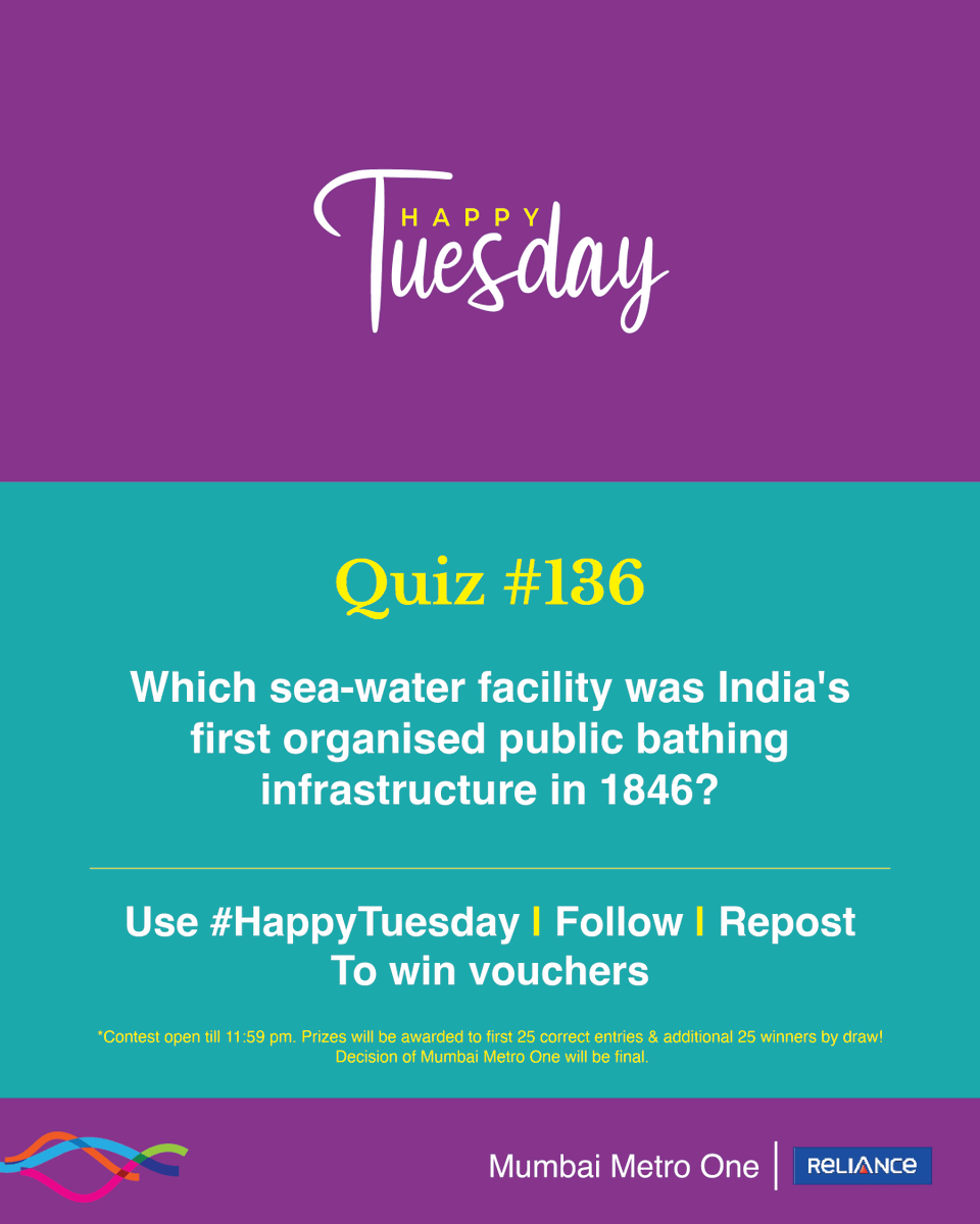 MumbaiMetro01's tweet photo. #HappyTuesday quiz is here! 

The 136th edition is about a saltwater pool filled with filtered water pumped directly from the Arabian Sea.

Prizes will be awarded to 50 winners, the first 25 correct entries, and an additional 25 winners by draw.

Follow, Repost and Use #HappyTuesday (all mandatory) to win. 

#ContestAlert #Giveaways #Voucher #MumbaiMetro