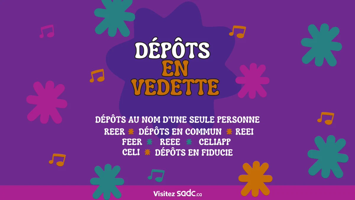 Sur une image qui ressemble à l’affiche d’un festival de musique, liste des 9 catégories sous le titre « Dépôts en vedette »