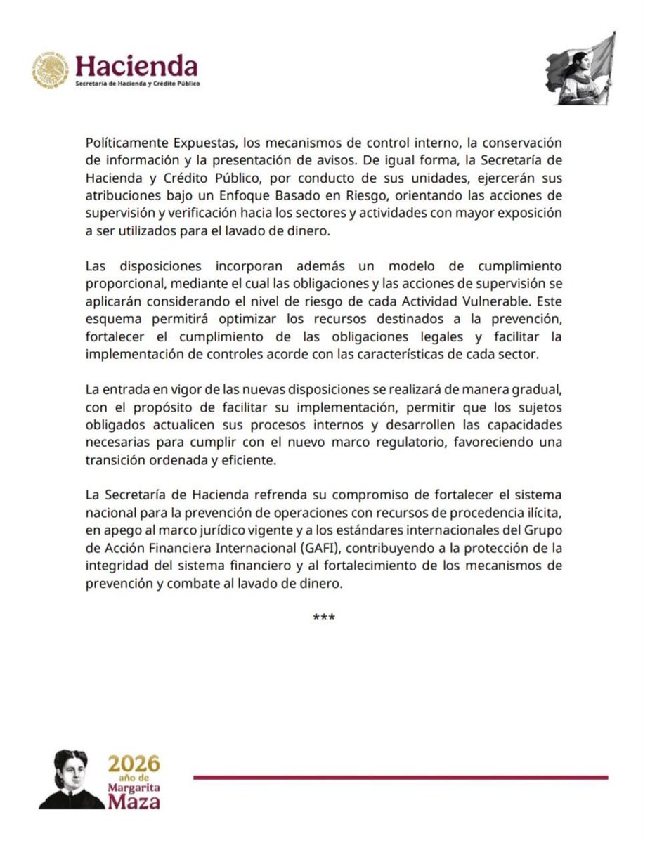 SergioEsquerra's tweet photo. 📢 La SHCP fortalece el régimen contra el lavado de dinero con la publicación de las Reglas de Carácter General de la LFPIORPI.
Estas reglas implementan las reformas de 2025 y 2026, incorporan el Enfoque Basado en Riesgo (EBR) como principio rector y refuerzan el conocimiento del cliente, la identificación del beneficiario controlador y de las Personas Políticamente Expuestas.
Además, establecen un modelo de cumplimiento proporcional y una entrada en vigor gradual para facilitar la adaptación de los sujetos obligados.
Todo alineado con los estándares internacionales del GAFI.