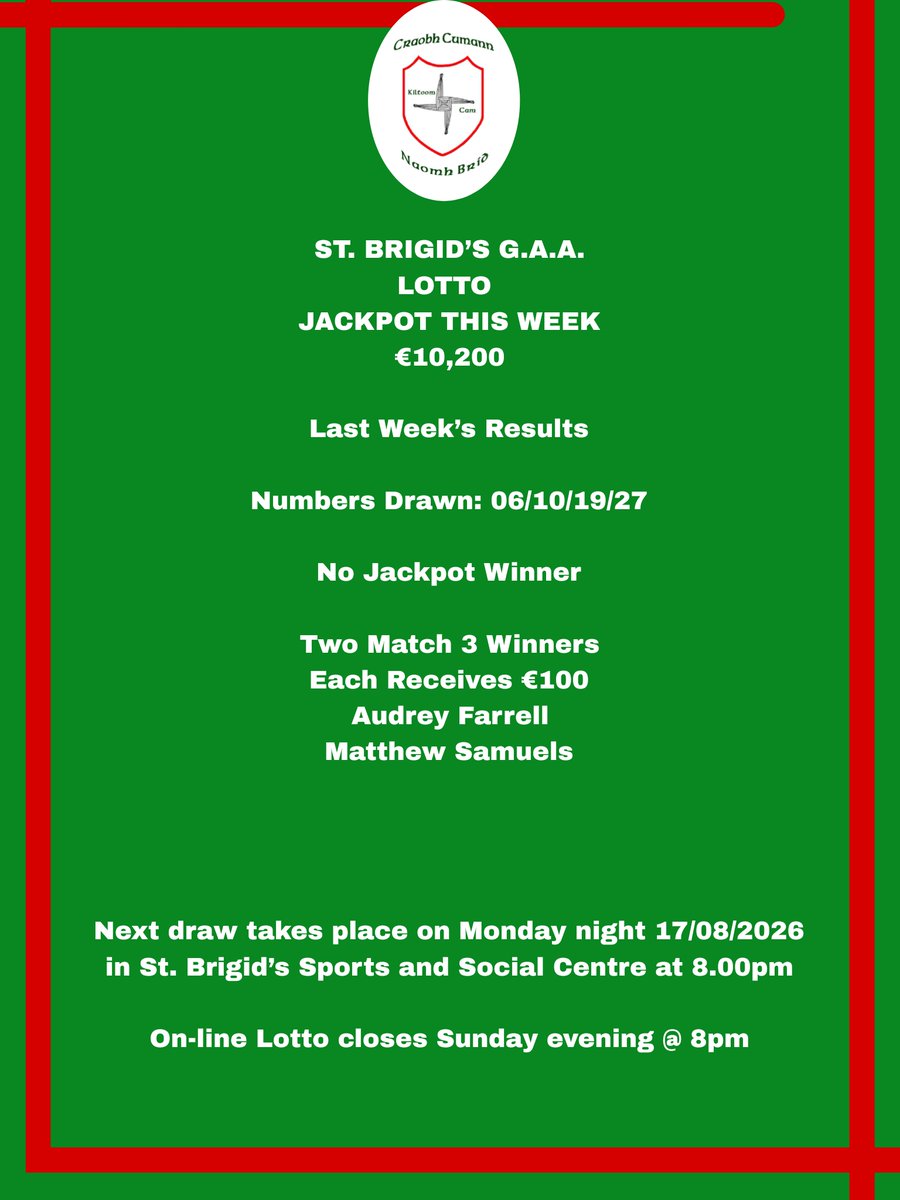 StBrigidsRos's tweet photo. Lotto Results 10 August 2026
Get all the latest news on the St Brigids GAA Roscommon app https://t.co/xPcdDacikd https://t.co/kPQko3Jui0