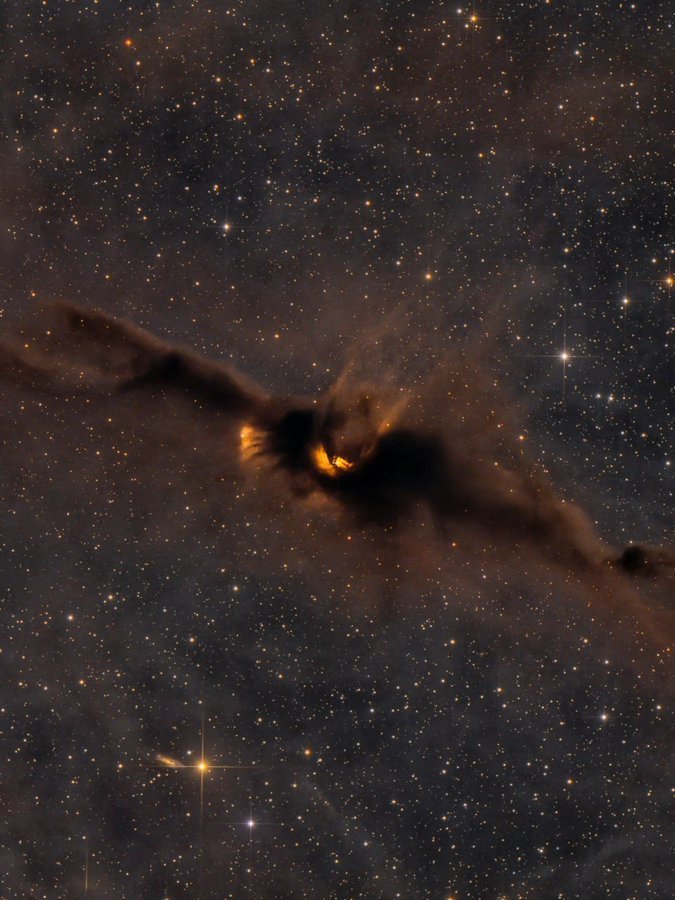 konstructivizm's tweet photo. A Cosmic "Bat" Captured by Telescopes 🌌

Hidden in the constellation Ophiuchus, 1,400 light-years from Earth, lies the impressive dark nebula Barnard 72. Due to its distinctive shape, it has earned the nickname "The Bat."

This dense interstellar gas and cosmic dust completely block the light from background stars, creating a perfect silhouette against the backdrop of the Milky Way. 🦇