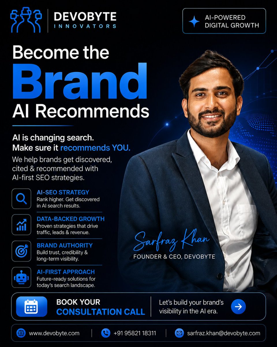devobyte's tweet photo. Become the brand AI recommends. 🤖🔎

Search is evolving. Your customers aren’t just searching—they’re asking AI

#Devobyte #SarfrazKhan #AISEO #AI #DigitalMarketing #SEO #AIMarketing #SearchMarketing #BusinessGrowth #DigitalGrowth #MarketingStrategy https://t.co/lxEZ9e9KxR