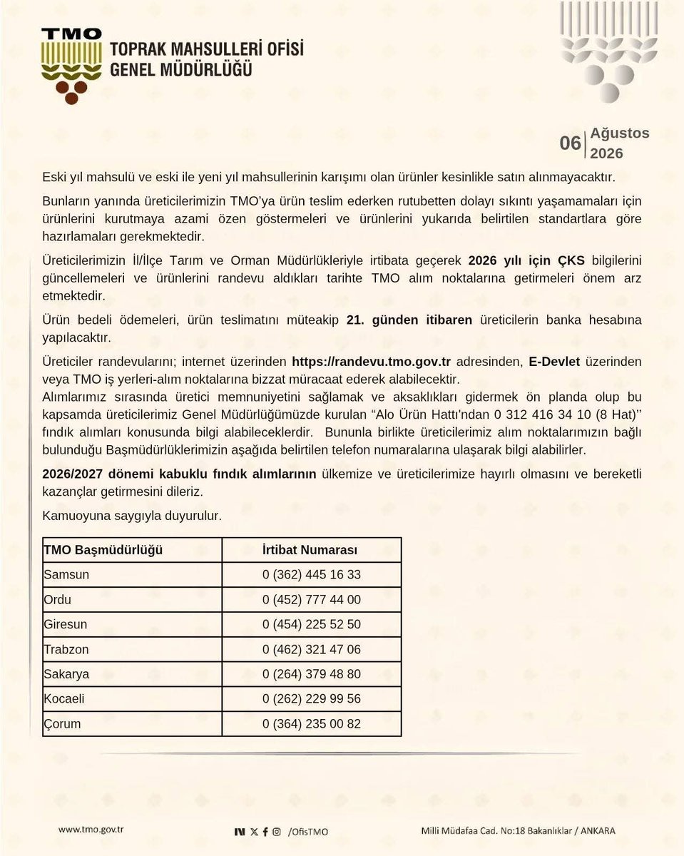 SamsunTRM's tweet photo. 🌰 FINDIK ALIMLARINA 24 AĞUSTOS'TA BAŞLIYOR

24 Ağustos 2026 tarihinde, ilk etapta 16 alım noktasında kabuklu fındık alımlarına başlıyor.

Alımlar randevu sistemiyle gerçekleştirilecek olup, sistem 17 Ağustos 2026 saat 09.00'dan itibaren erişime açılacaktır. https://t.co/NKjYl9L8Sb