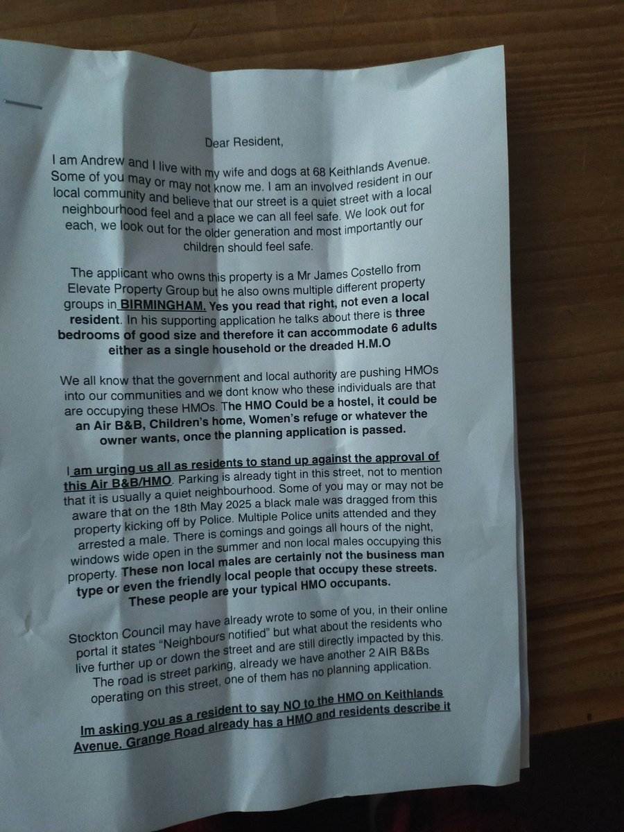 andrewc44104127's tweet photo. Angrys not the word!

Had a note through the door from our neighbor telling us a hmo is planned for our street. Its a nice middle class area full of kids and vulnerable adults. I've emailed the council and the whole street will fight it all the way, we don't want these parasites! https://t.co/Klyy8NqhoF