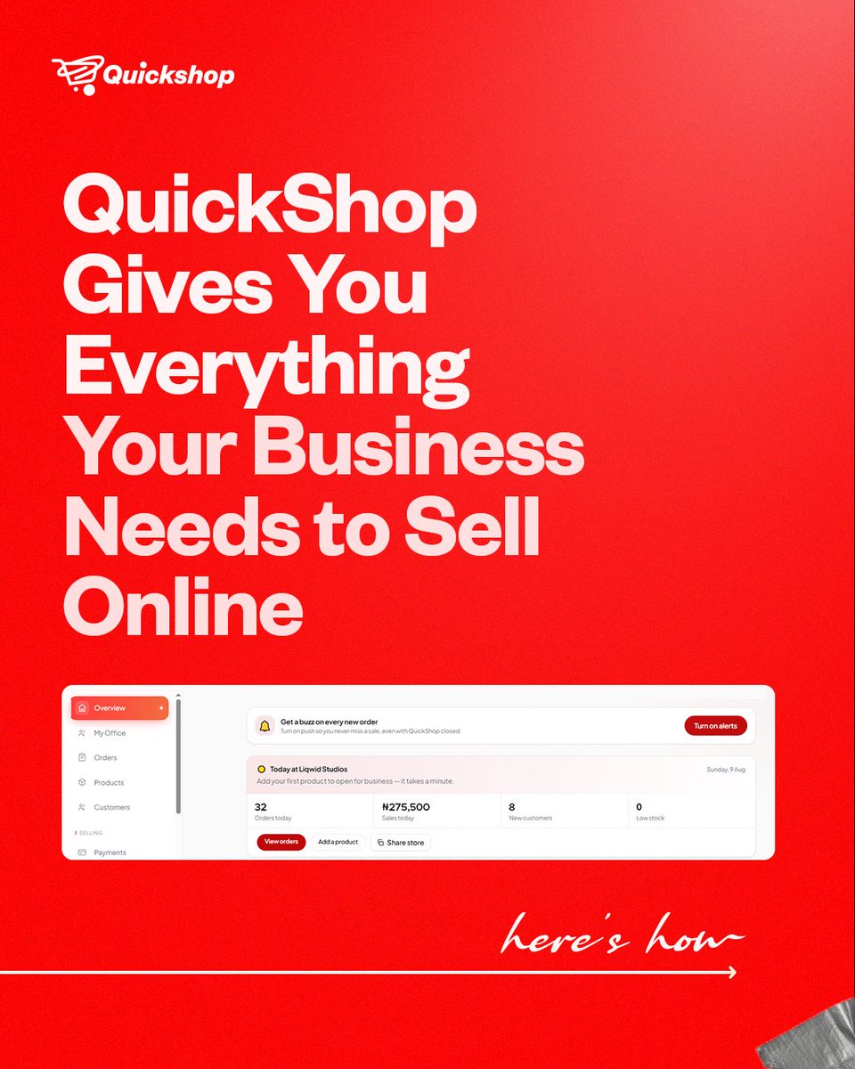 QuickshopAfrica's tweet photo. Your business deserves its own website, and QuickShop gives you everything you need to run it from one place. Your own storefront, products and inventory, payments, automated orders, analytics, verification, AI sales support, plus access to the QuickShop Mall, all built in so you can focus on your business and your customers without worrying about hosting, plugins or developers.

Your business. Your website. Everything you need to sell online, free to start.

This is QuickShop!