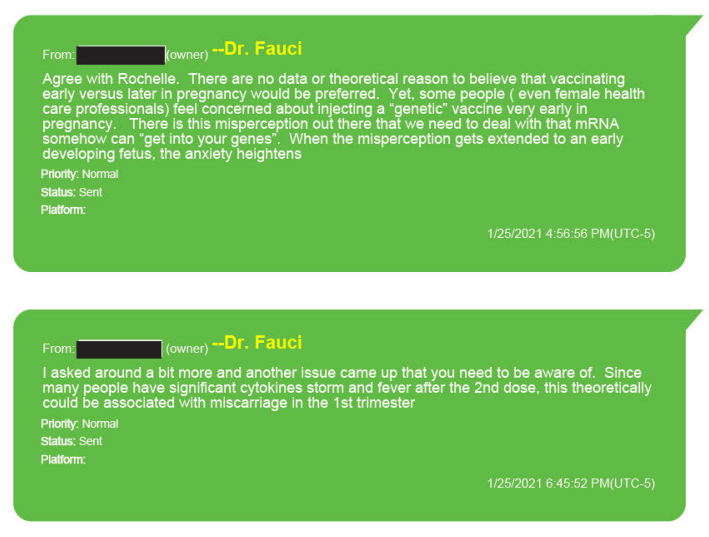 TFTC21's tweet photo. 34,000 text messages and 522 voicemails from Fauci's government phone are being released. The first batch is damning.

In a group chat with CDC Director Walensky and Surgeon General Murthy, Fauci raised the concern that the cytokine storm and fever after the second dose "could theoretically be associated with miscarriage in the 1st trimester." Walensky agreed: "Definitely a good point." Murthy called it "really helpful."

Nine days later, Fauci went on camera and said there were "no red flags" for pregnant women. This despite the fact that pregnant women were excluded from the vaccine trials entirely, a problem flagged in his own inbox months earlier by the National Academies.

Then Drew Weissman, co-inventor of the mRNA platform, emailed Fauci directly saying his team had concerns about LNPs reaching the placenta and fetus and were "talking to all of the appropriate people." Fauci forwarded it internally. The public messaging never changed.

They knew. They discussed it in writing. They said the opposite out loud.