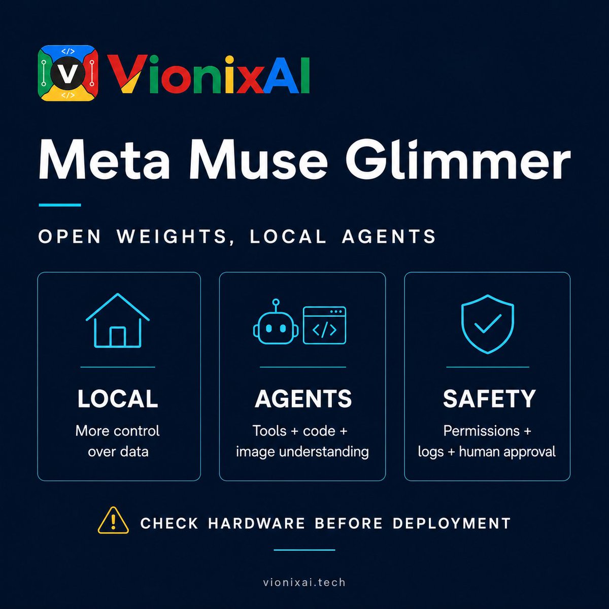 yusufchy's tweet photo. Meta's Muse Glimmer brings open-weight agents to PCs.

A 30B model can use tools, write code, understand images, and recover from errors.

Local is not risk-free: permissions, logs, backups, and human approval still matter.

https://t.co/3wrYfqsQbG

#MetaAI #LocalAI https://t.co/lTRAGJqwd7