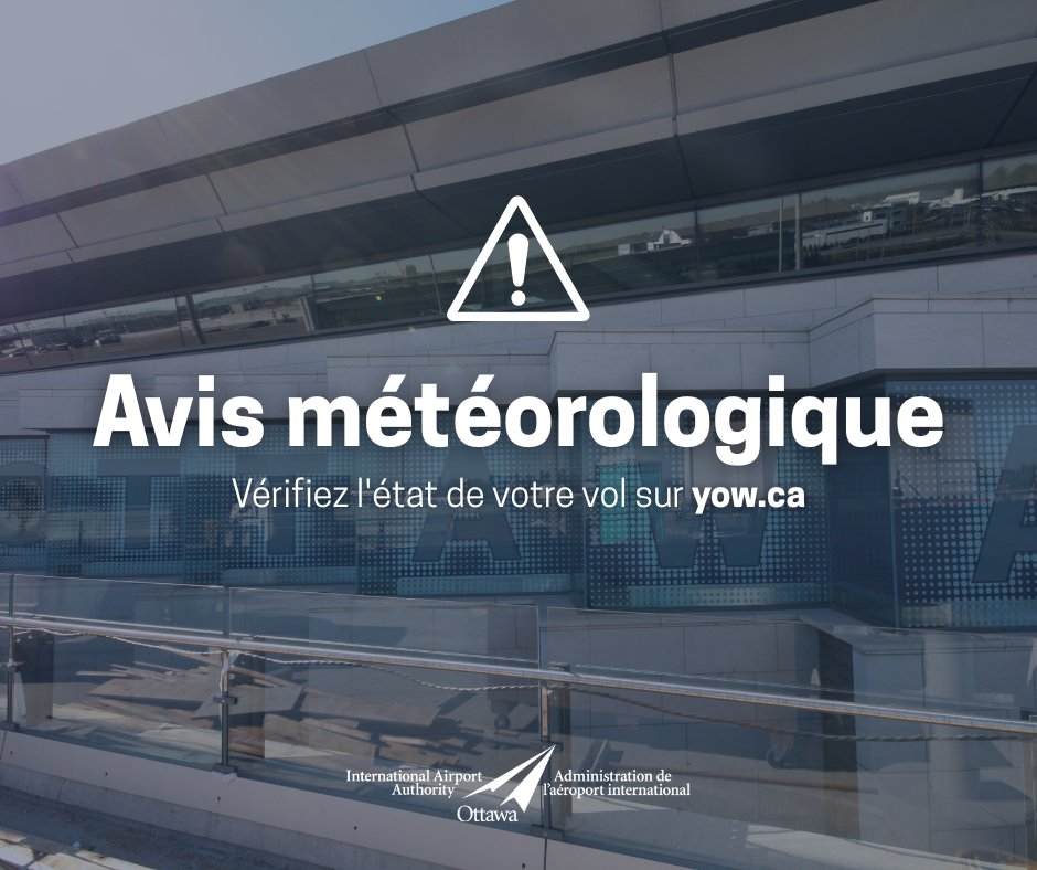 FlyYOW's tweet photo. Un avis de foudre est actuellement en vigueur à YOW. Les opérations côté piste pourraient être perturbées pour des raisons de sécurité, chaque compagnie aérienne gérant elle-même les mouvements et l'entretien de ses avions. #SécuritéEnPremier #YOW https://t.co/fOn22MnNlv