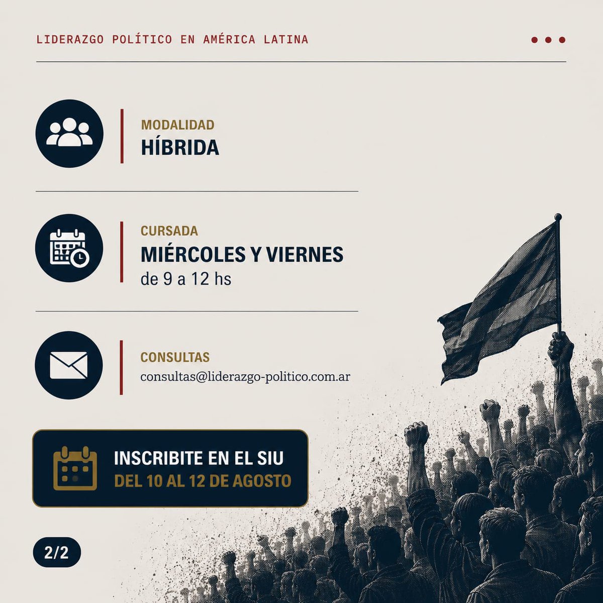 olpal_uba's tweet photo. 📖 Materia: Liderazgo Político en América Latina @cpoliticauba
🗓️ Modalidad híbrida – 2° cuatrimestre 2026
📝 Inscripción: 10 y 12 de agosto
🔗 https://t.co/m8VUFVQZZs

#UBASociales #CienciaPolitica #LiderazgoPolitico #AmericaLatina https://t.co/s9cUjr2L9c