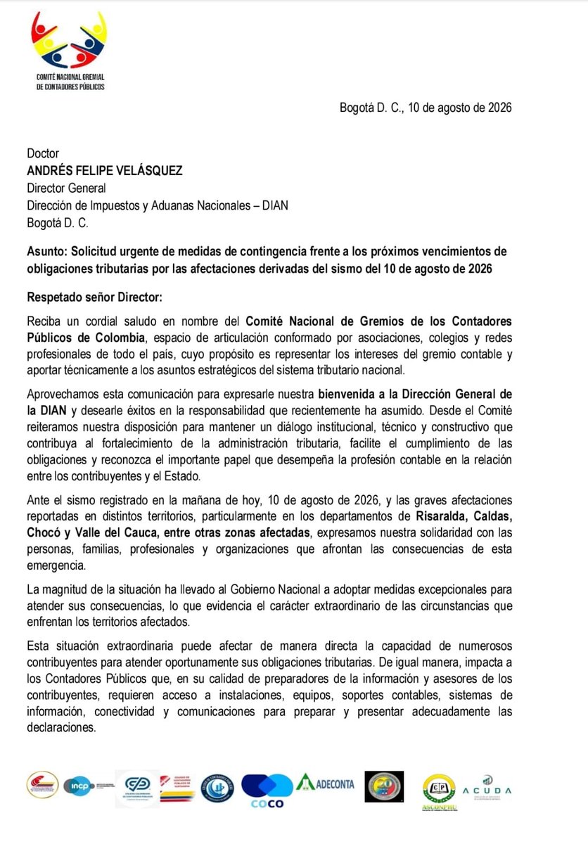 sandramile828's tweet photo. Comunicado | Comité Nacional Gremial de Contadores Públicos

Solicitud de medidas de contingencia frente a los vencimientos de obligaciones tributarias, con ocasión del sismo registrado el 10 de agosto de 2026 y las afectaciones presentadas en las zonas impactadas. https://t.co/M3XUmTYxH3