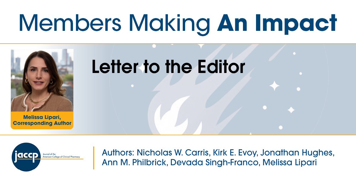 ACCP's tweet photo. Congratulations to ACCP member Melissa Lipari and co-authors on the recent publication of their article in JACCP! Access the abstract and/or article here: https://t.co/4HX52d5nsP
#MakingAnImpact #ACCP @JACCPJournal https://t.co/g67Ew0JO7n