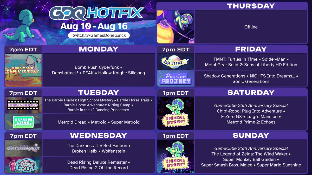 GDQ Hotfix Schedule for the week of August 10th