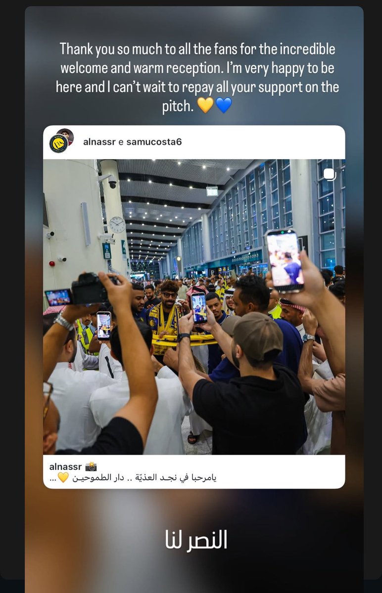 Nawaf_STATS's tweet photo. 🚨🚨🚨🚨🚨⚠️ سامو كوستا IG :

شكرًا للجماهير على الاستقبال الرائع، أنا سعيد لأنني هنا ولا أستطيع الأنتظار لرد دعمكم على أرضية الملعب. 

بالعربية : النصر لنا 💛💛💛 https://t.co/P2MQ7mtzq3
