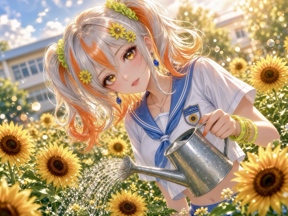 ⭐向日葵⭐様 第2回九人九色展 【夏💛】 向日葵に水やりヾ(*´∀｀*)ﾉ💦🌻 #AIart