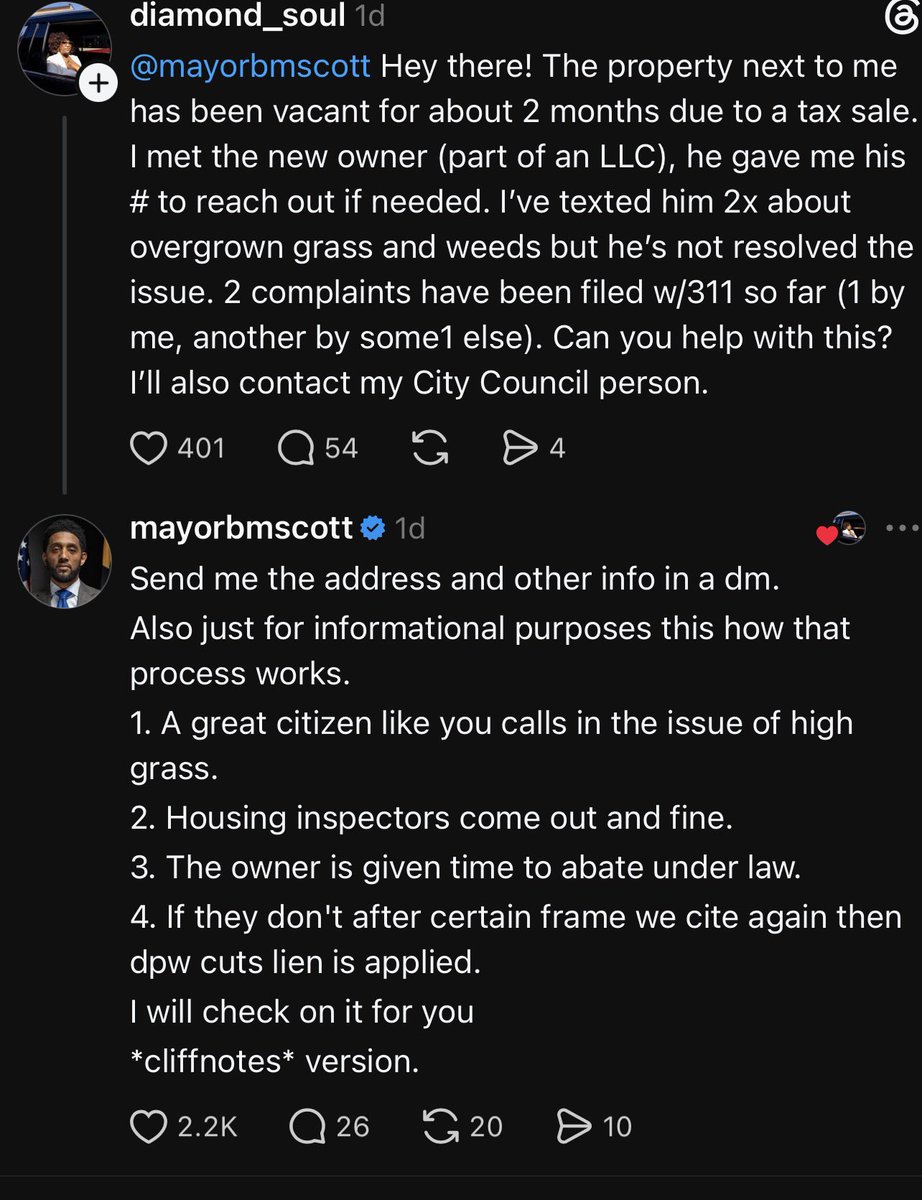 tify330's tweet photo. Mayor Brandon Scott does the same in Baltimore but on Threads. People @ him and he tells them to DM the info. Love the Millennial Mayors using Social Media to fix shit. 

Couple of examples https://t.co/TGOGziw6RA