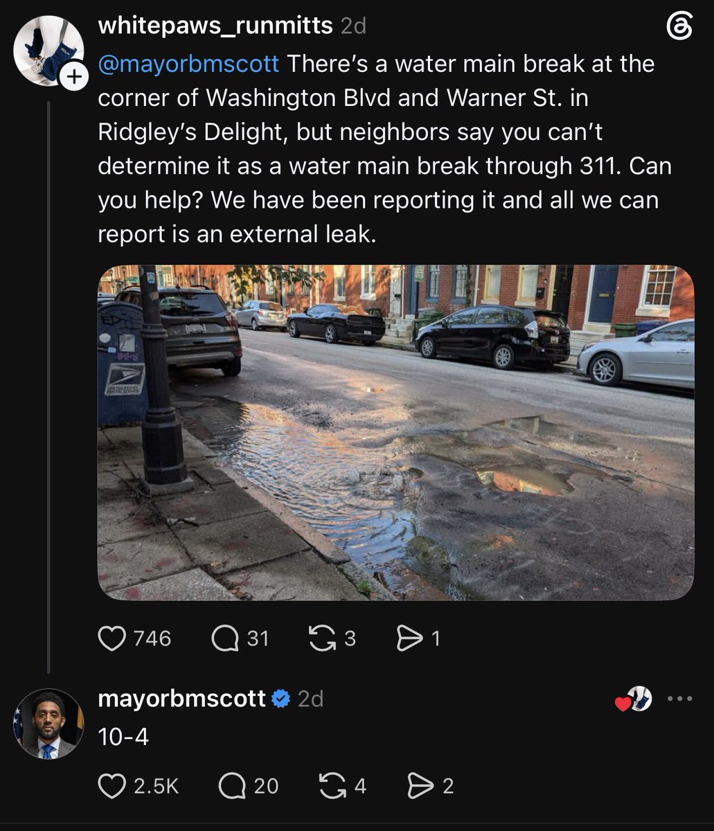 tify330's tweet photo. Mayor Brandon Scott does the same in Baltimore but on Threads. People @ him and he tells them to DM the info. Love the Millennial Mayors using Social Media to fix shit. 

Couple of examples https://t.co/TGOGziw6RA
