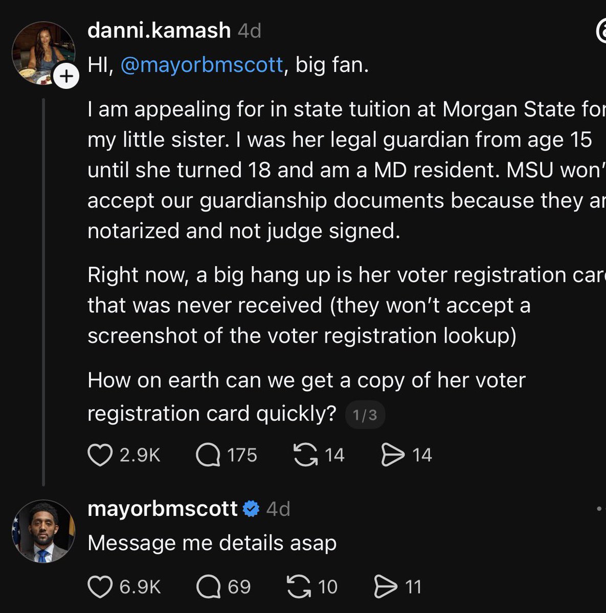 tify330's tweet photo. Mayor Brandon Scott does the same in Baltimore but on Threads. People @ him and he tells them to DM the info. Love the Millennial Mayors using Social Media to fix shit. 

Couple of examples https://t.co/TGOGziw6RA
