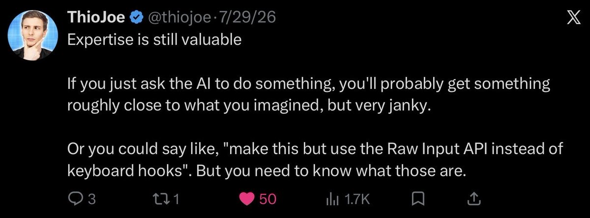 CarlRothman's tweet photo. Most people open AI the same way they open the fridge when they’re not actually hungry.

They stand there.

They type something vague.

They get something vague back.

Then they quietly decide the tool is overrated.

I watched this pattern for a long time.

Someone would describe a problem in three fuzzy sentences and expect the machine to fill in the missing vision, the missing taste, the missing decision. The output would land in that painful middle zone — close enough to feel like progress, far enough that all the hard thinking was still waiting for them.

Then I noticed the people who treated it differently.

They sat down already knowing the destination.

Not “make this better.”

Not “help me figure it out.”

They already had the shape of the finished thing in their head. The constraints they refused to break. The specific technical choices that separated “almost right” from “actually good.”

Same model. Same tools. Completely different results.

The difference was never the partnership.

It was whether one of the partners already knew what they were trying to do.

That’s the part almost nobody wants to hear.

Because it means the bottleneck was never the AI.

It was the clarity sitting on the other side of the keyboard.