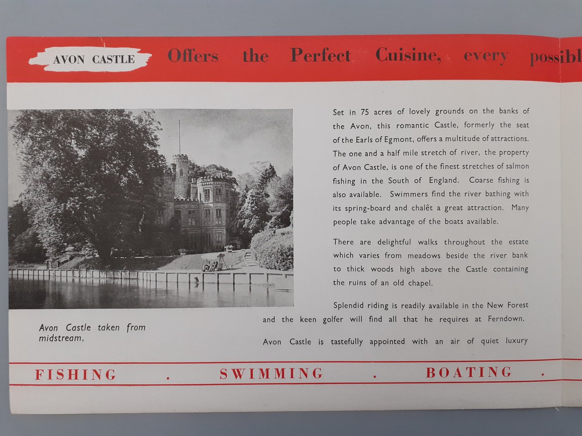 HantsArchives's tweet photo. It was a pleasant surprise recently to discover, in a brochure for the sale of Avon Castle Hotel, near #Ringwood, in 1949, a brochure promoting visits to the hotel (20A26/R11)
#hampshirearchives #EYASurprise #ExploreYourArchive https://t.co/QAZGjMWhQN