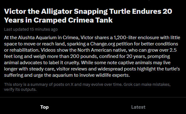 icezy4V's tweet photo. THIS IS GIGA

Victor the snapping turtle spent 20+ years in a glass prison in Crimea. The petition is already at 129k signatures. 

Everyone tweeting "Free Victor"

It's not about "the cage is all I know"!!! We need a message! FREE VICTROR!

The image should show the SMALL tank! https://t.co/yp0866YsFI