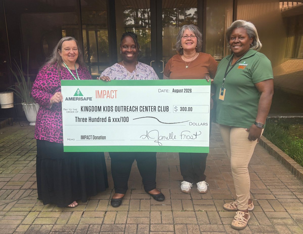 AMERISAFE_INC's tweet photo. #MakingAnImpact
AMERISAFE is proud to support the Kingdom Kids Outreach Center’s (Kingdom Kids) 2026-2027 School Fee Drive Fundraiser. The initiative aims to assist students attending Beauregard and Vernon Parish schools with required school fees at the start of each school year.
Pictured (l-r) are AMERISAFE IMPACT Committee Member Glenda Averitt, Kingdom Kids Founder & Executive Director Johnese Puckett, and AMERISAFE IMPACT committee members Melonie Jeane and Wanda Booker.
The sponsorship is a result of the work of the AMERISAFE IMPACT committee. The employee driven committee considers and votes on donations and opportunities to make an impact in the communities of the 27 states the company serves.