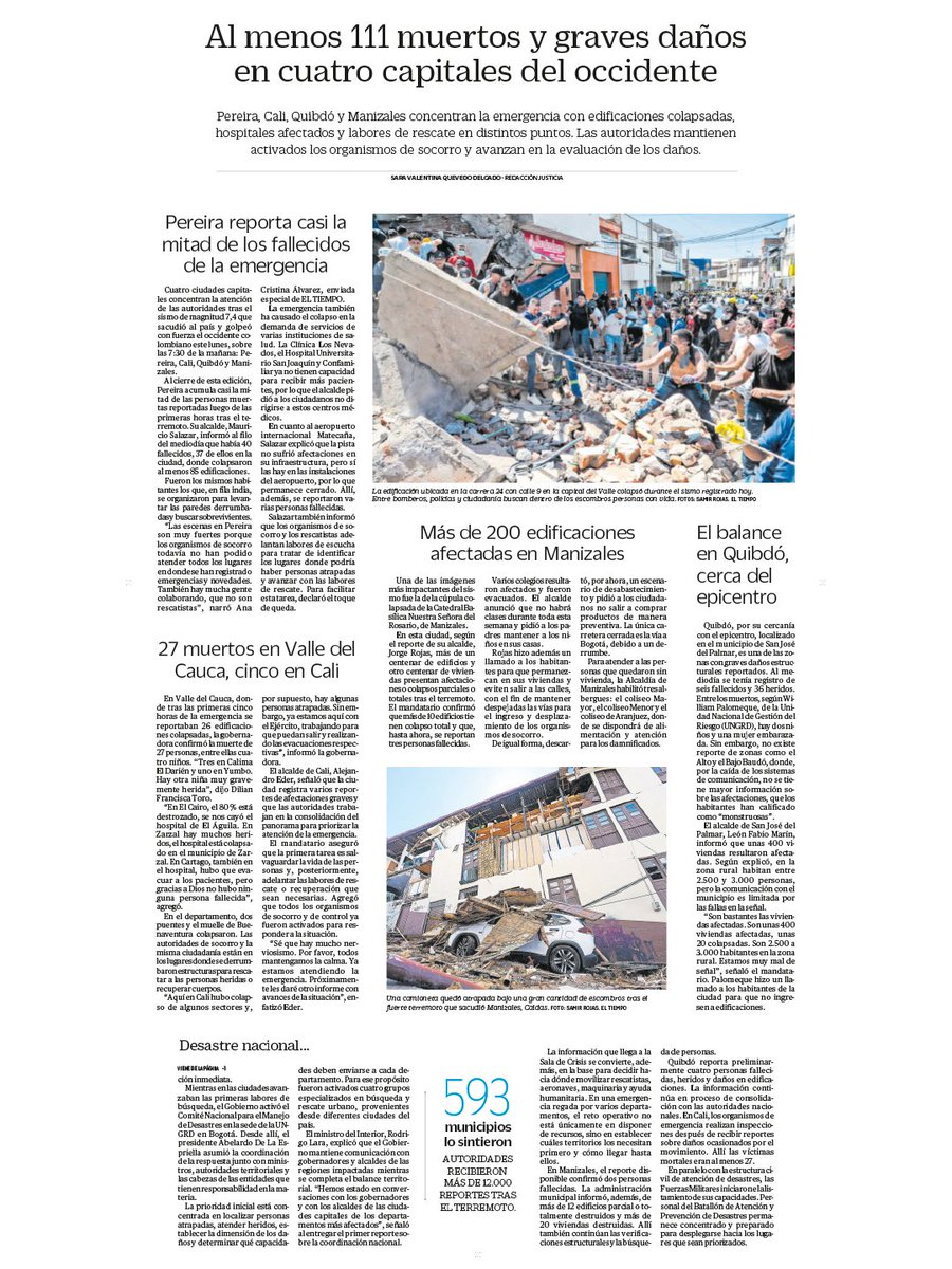ELTIEMPO's tweet photo. Pereira, Cali, Quibdó y Manizales concentran la emergencia con edificaciones colapsadas, hospitales afectados y labores de rescate en distintos puntos. 

Las autoridades mantienen activados los organismos de socorro para encontrar sobrevivientes y avanzan en la evaluación de los daños.

2/6