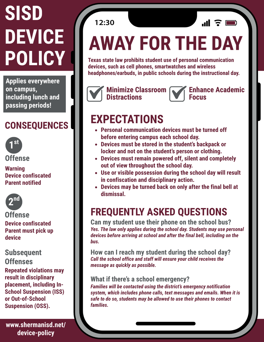 ShermanISD's tweet photo. 📱 One last reminder before we head back to school! Personal communication devices, including cell phones, smart watches and wireless earbuds, aren’t permitted during the school day.

Leave them at home or keep them off and put away. Let’s start strong, Bearcats! 🐾 https://t.co/LaG4dHBnDX