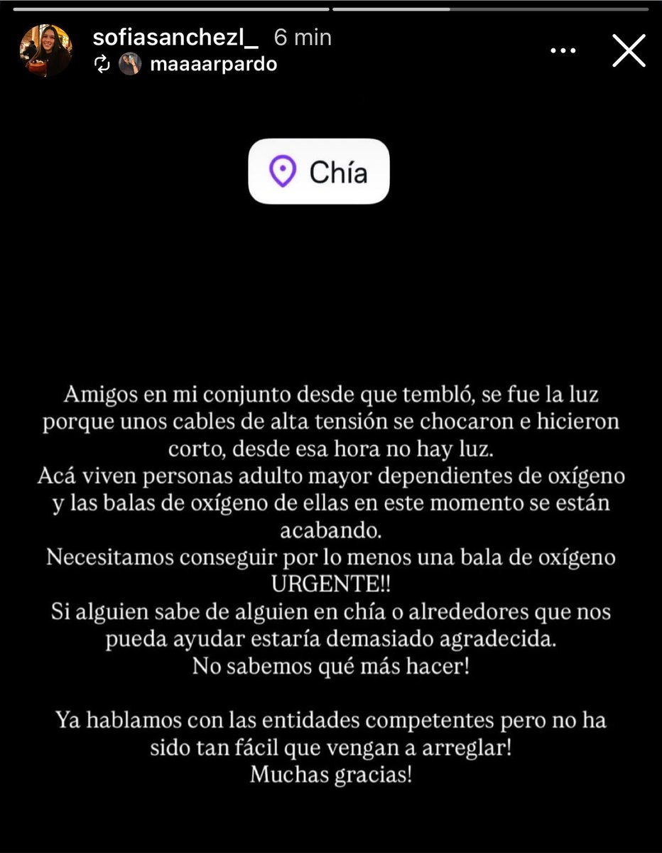 Futbolfpc's tweet photo. 🚨 En CHIA, CUNDINAMARCA. POR FAVOR DIFUNDIR. 

El sismo afectó el sistema eléctrico en algunas partes del municipio, hay un conjunto donde residen varios adultos mayores DEPENDIENTES de oxígeno. Necesitan por lo menos UNA BALA de oxígeno. https://t.co/lptRPiITMg