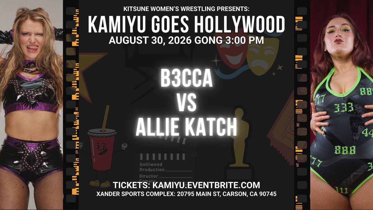 PWKitsune's tweet photo. MATCH ANNOUNCEMENT:
Word on the street is B3CCA likes to talk a lot.

Also, word is Allie Katch likes to shut people up.

It will be the irresistible mouth vs the immovable shut-up on August 30th at Kamiyu Goes Hollywood.

Tickets on sale now:
https://t.co/OREN5rndVc https://t.co/FH9rEMwsMV
