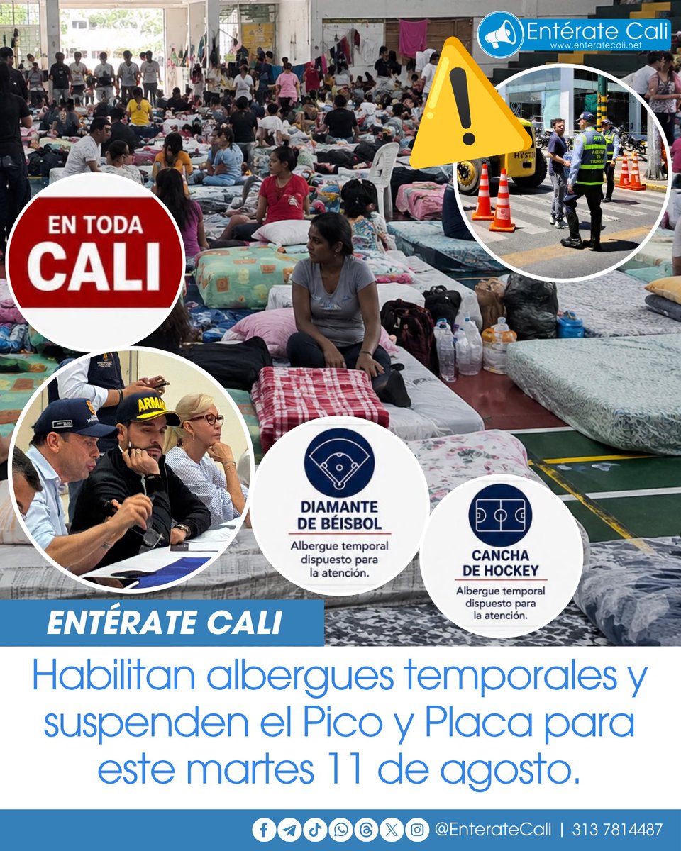 EnterateCali's tweet photo. Dos albergues temporales habilitados en Cali tras el sismo

La Alcaldía de Cali habilitó dos albergues temporales para las personas cuyas viviendas resultaron afectadas por el fuerte sismo registrado este lunes. Los puntos de atención están ubicados en el Diamante de Béisbol y la Cancha de Hockey, donde se brindará atención a quienes necesiten un lugar seguro mientras se evalúa la situación de sus viviendas.

Este martes 11 de agosto tampoco habrá medida de Pico y Placa en la ciudad de Cali. Ante cualquier emergencia, la ciudadanía puede comunicarse con la línea 123.

Además, recuerden que se decretó toque de queda en toda Cali desde las 8:00 p. m. de este lunes hasta las 6:00 a. m. del martes 11 de agosto, con el propósito de prevenir saqueos en edificaciones afectadas o evacuadas.
