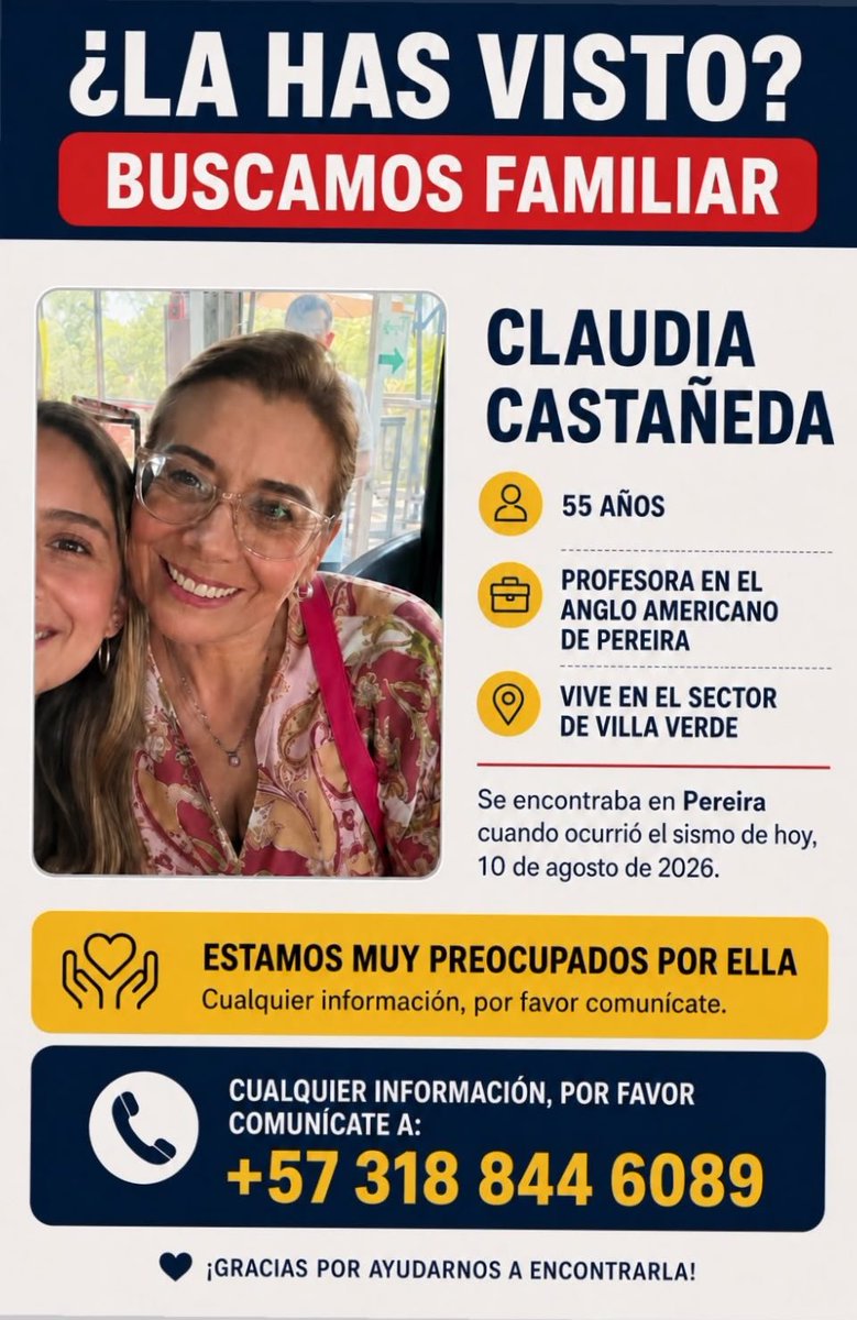 NoticiasRCN's tweet photo. #ServicioSocial | Familiares buscan a Claudia Castañeda de 55 años, desaparecida en Pereira tras el fuerte terremoto de este lunes. https://t.co/60HmJKRuZI