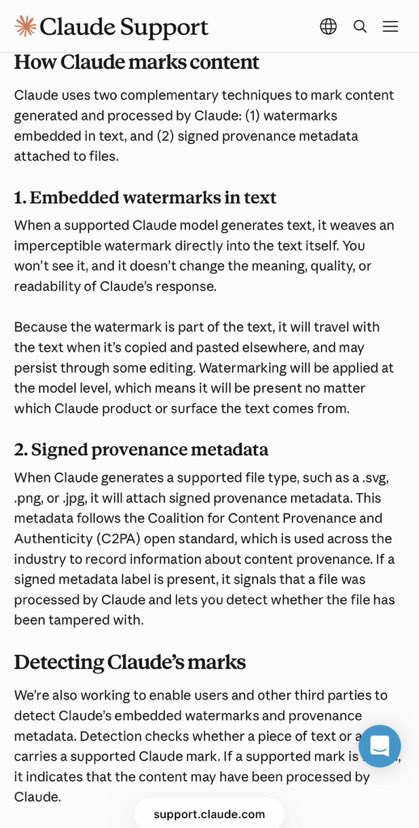 Claude support article screenshot showing Anthropic’s commitments to embedded text watermarks and signed provenance metadata for AI-generated content