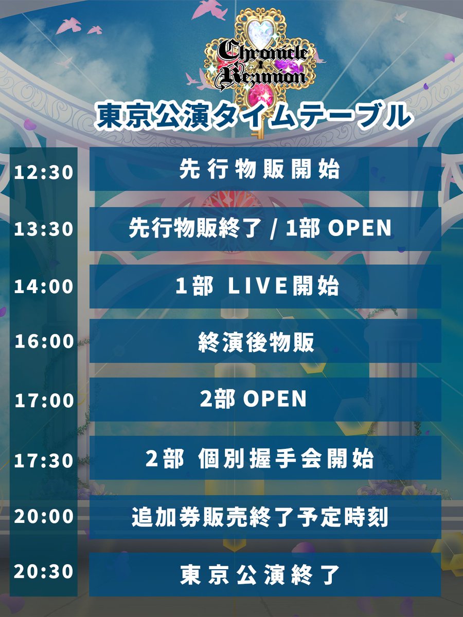 shell0701_info's tweet photo. 「Chronicle Re;unIon」イベント情報🗝️ 

東京公演当日のタイムテーブルを公開🕐

皆様会場までお気を付けてご来場下さい✨ https://t.co/uLQmZB0qAt