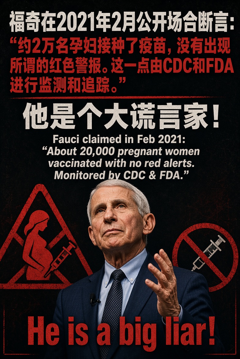 mari43098248's tweet photo. 福奇在2021年2月公开场合断言：“约2万名孕妇接种了疫苗，没有出现所谓的红色警报。这一点由CDC和FDA进行监测和追踪。”

他是个大谎言家！ https://t.co/EnBTMxhiJ0
