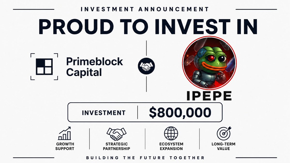 Primeblock_vc's tweet photo. $800K into $IPEPE.

Most meme coins end at the meme. No game loop, no reason to stick around past the initial pump.

@Ipepe_ai  is building the part most projects skip — actual gameplay, and AI integration. Not just a chart and a Telegram full of copy-pasted rocket emojis.

That's what we backed.

Primeblock Capital → IPEPE
💰 $800,000
🎯 Long-term position, not a flip
What we're funding:
Growth support to scale past launch hype

A real partnership — hands-on, not just a name on a deck

Ecosystem expansion into actual in-game utility
A long-term thesis built on retention, not just virality
Culture gets attention. Gameplay keeps it.
Building the future together. 🐸

#IPEPE #GameFi #Web3 #PrimeBlockCapital #Web3Gaming #AI #Memecoins #Investment #StrategicPartnership #CryptoCommunity