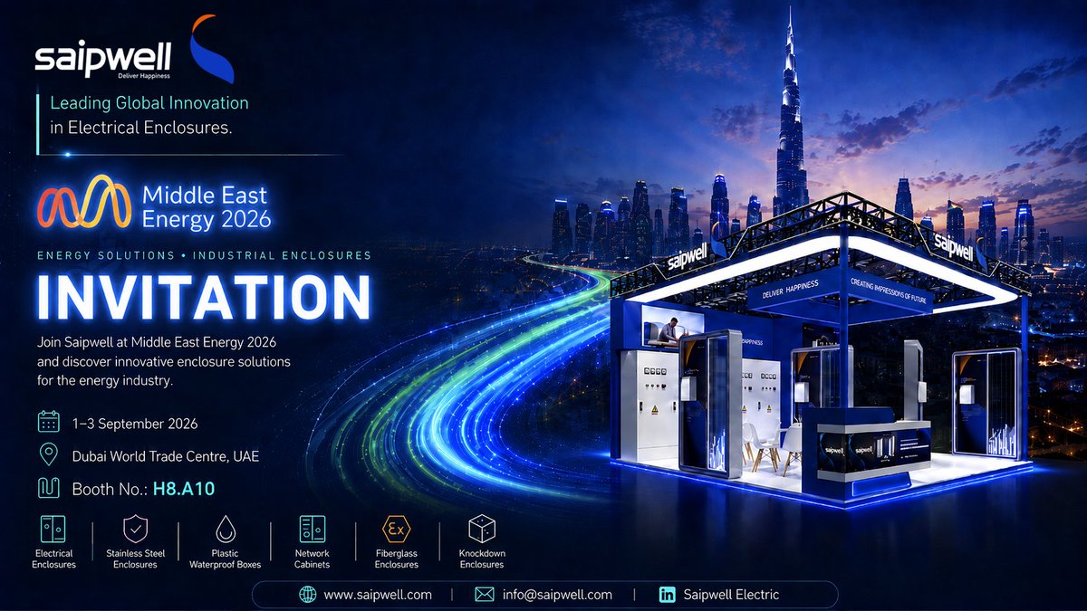 saipwell's tweet photo. Meet Saipwell in Dubai! We’re bringing our leading global enclosure innovations to Middle East Energy 2026. Visit us at Booth H8.A10 (Dubai World Trade Centre Click to open side panel for more information  from Sept 1–3, 2026 to explore our next-gen energy solutions.
#Exhibition https://t.co/pU3mzKnHQl