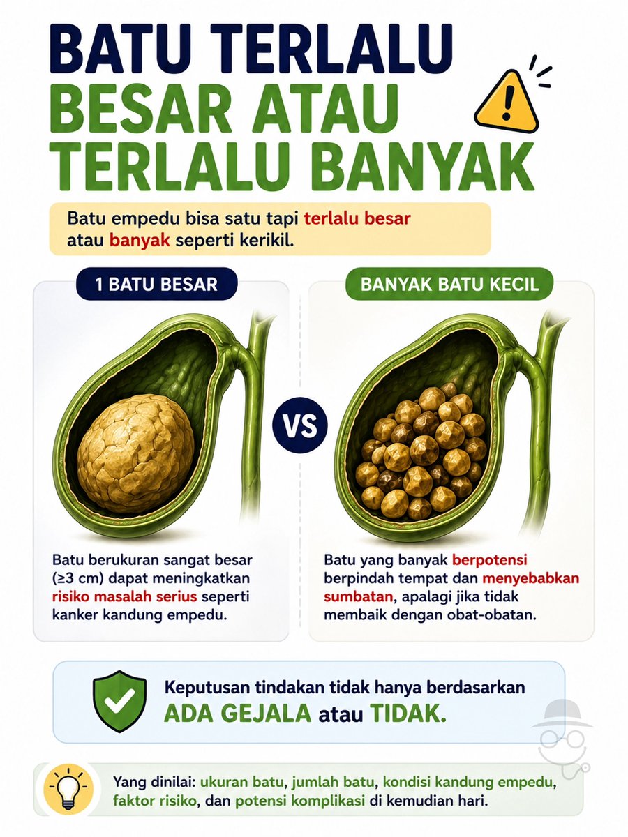 doktercamo's tweet photo. "NGAPAIN OPERASI? KAN TIDAK BERGEJALA?"

Batu empedu tidak selalu bergejala, tapi seringkali terlambat ditemukan ketika sudah terlalu banyak atau terlalu besar. 😰

Keputusan penanganan batu empedu tidak hanya melihat ada atau tidaknya gejala. Ukuran dan jumlah batu, lokasi batu, kemungkinan sumbatan, infeksi, serta kondisi hati dan saluran empedu juga perlu dipertimbangkan.

Karena itu, pemeriksaannya bisa meliputi: 
🩻 USG abdomen
🔬 MRCP bila diperlukan
🩸 SGOT/SGPT, bilirubin, ALP, dan GGT

Tujuannya bukan sekadar mencari batu, tapi juga memastikan banyak hal lain, termasuk apakah sudah terjadi SUMBATAN. ⚠️

Kalau sudah ditemukan batu empedu, jangan langsung panik, konsultasikan kepada dokter penyakit dalam atau dokter bedah. ☝️

#BatuEmpedu #Kolesterol #Obesitas #Diabetes #TanyaDokterCamo