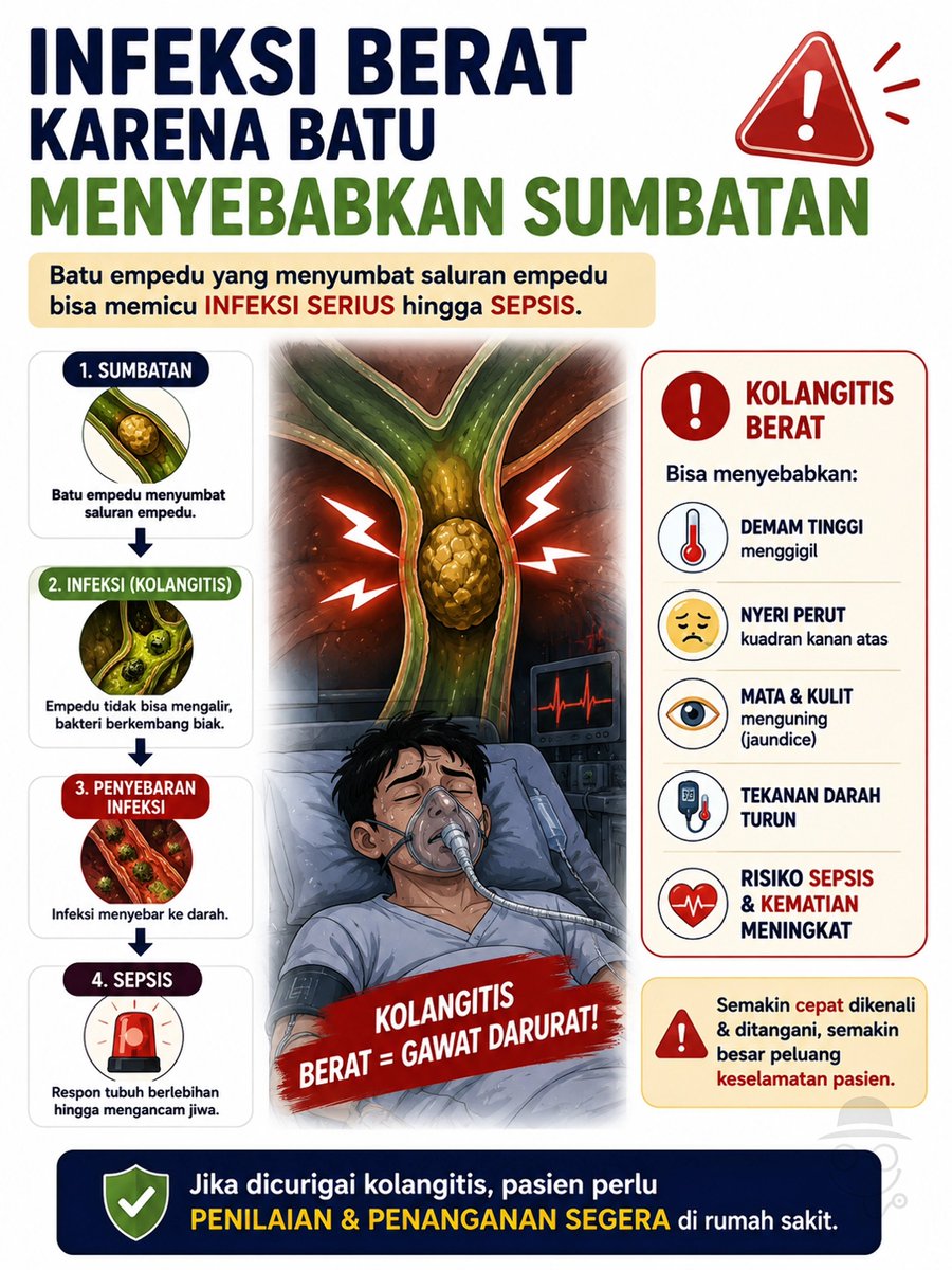 doktercamo's tweet photo. "NGAPAIN OPERASI? KAN TIDAK BERGEJALA?"

Batu empedu tidak selalu bergejala, tapi seringkali terlambat ditemukan ketika sudah terlalu banyak atau terlalu besar. 😰

Keputusan penanganan batu empedu tidak hanya melihat ada atau tidaknya gejala. Ukuran dan jumlah batu, lokasi batu, kemungkinan sumbatan, infeksi, serta kondisi hati dan saluran empedu juga perlu dipertimbangkan.

Karena itu, pemeriksaannya bisa meliputi: 
🩻 USG abdomen
🔬 MRCP bila diperlukan
🩸 SGOT/SGPT, bilirubin, ALP, dan GGT

Tujuannya bukan sekadar mencari batu, tapi juga memastikan banyak hal lain, termasuk apakah sudah terjadi SUMBATAN. ⚠️

Kalau sudah ditemukan batu empedu, jangan langsung panik, konsultasikan kepada dokter penyakit dalam atau dokter bedah. ☝️

#BatuEmpedu #Kolesterol #Obesitas #Diabetes #TanyaDokterCamo