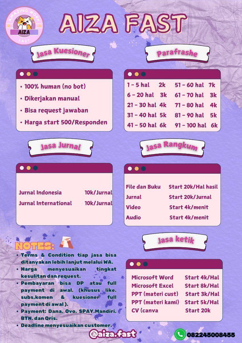 AizaFast's tweet photo. Heyyoo!! 🤩🤩
Kalian lagi panik karena kekurangan responden? Tenang gaes AizaFast disini ada Jasa Joki Tugas jadi bisa membantu kalian. Jadi tunggu apalagi? Gass order!!
https://t.co/qXhluqZyRQ
#zonauang #jasaisikuesioner #jasajoki #kuesioner https://t.co/xFxSxvNVgS