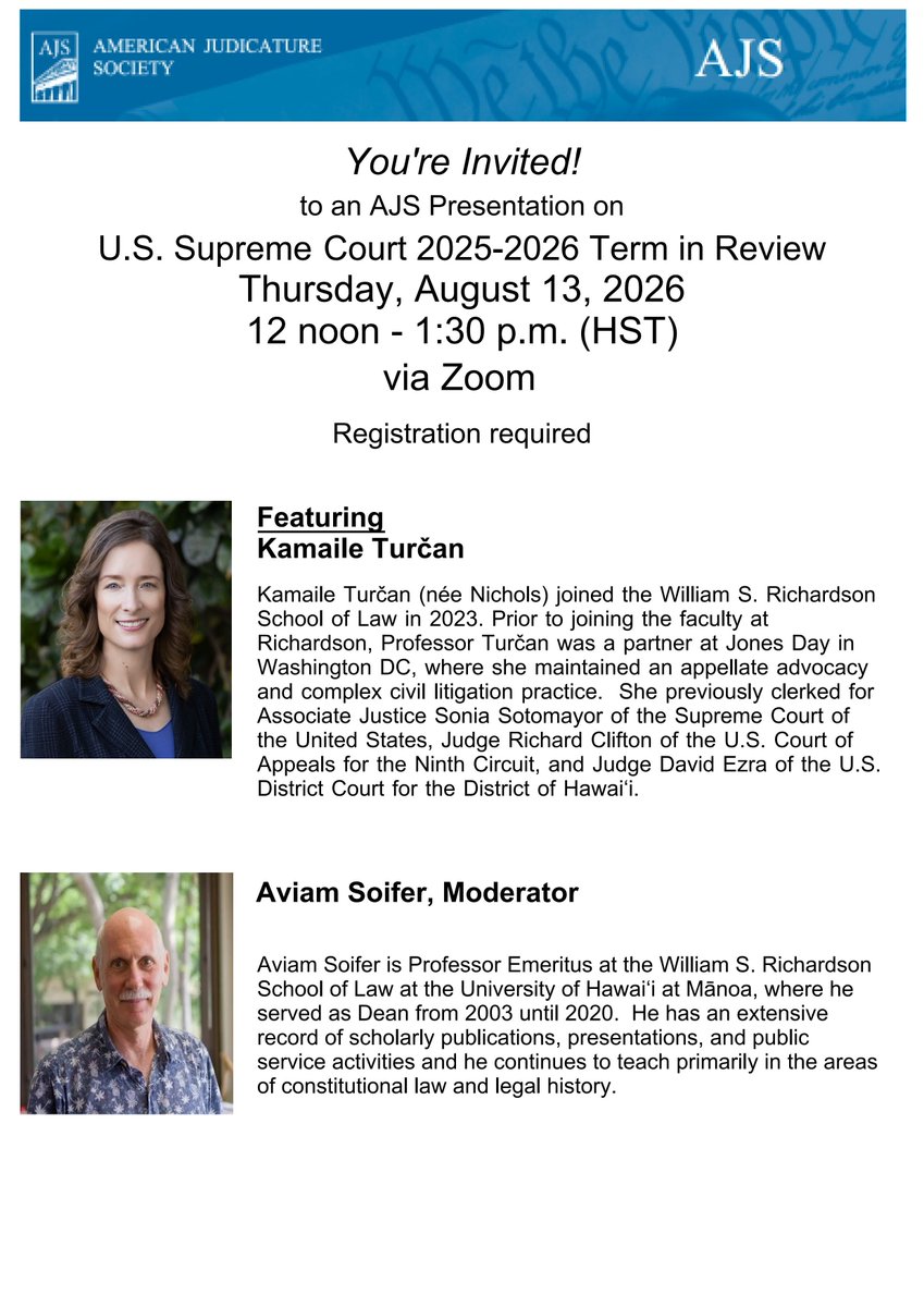 UHMLawSchool's tweet photo. U.S. Supreme Court 2025-2026 Term in Review, this Thursday, Aug 13, 12-1:30pm HST via Zoom. Professor Kamaile Turčan, a former Sotomayor clerk, breaks down the term. Moderated by Dean Emeritus Aviam Soifer. Register: https://t.co/U2unnuehIM https://t.co/y5rBwTT26h