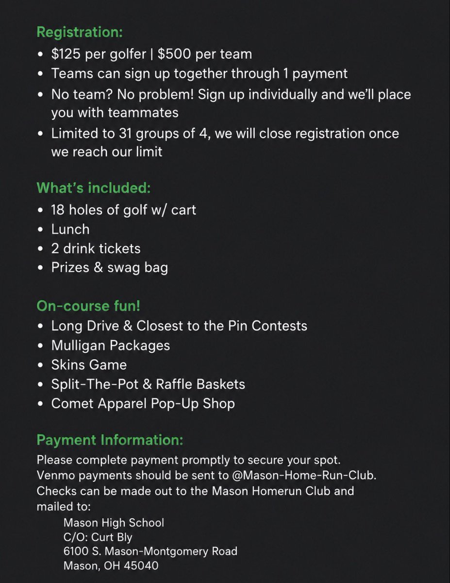 MasonHSBaseball's tweet photo. Only 2 months away! Sign up now for our annual Mason Baseball Golf Outing!!

Join us for a day of fun at The Grizzly Golf &amp; Social Lounge on Saturday, October 10!

🔗 The link to register is below!

https://t.co/nb3zkwzFep https://t.co/nOmUWsc3iT