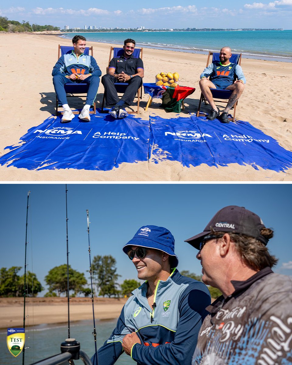 CricketAus's tweet photo. NRMA Insurance Northern Australia Test Series launched ✅ 🎣

Great to have local Jake Weatherald showing teammate Alex Carey and Bangladesh's Taskin Ahmed around Darwin's best fishing spots ahead of Thursday's first NRMA Insurance Test 🙌 https://t.co/00r6vkxpv3