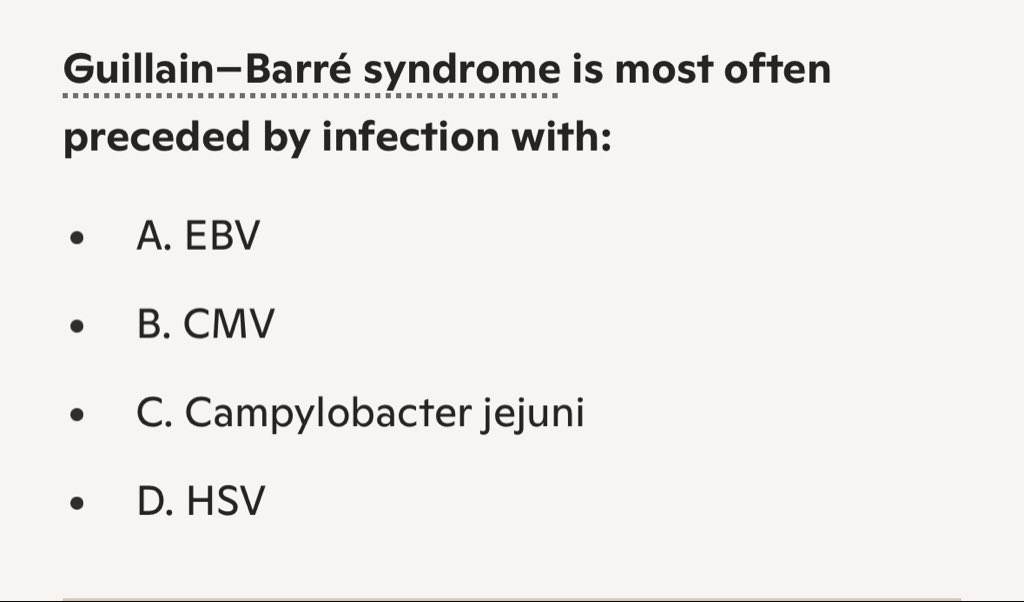 DrNovinoTailor's tweet photo. #MedX 
Guillain-Barre syndrome is most often preceded by infection with :- https://t.co/OhxpKIIBTu