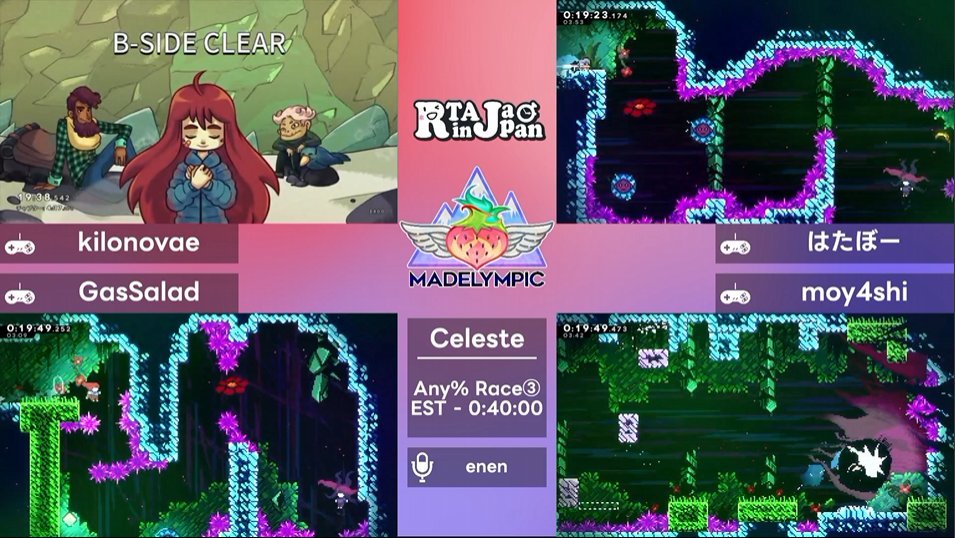 game_yarikomi's tweet photo. Celeste Any% Race③まとめ #RTAinJapan

・ゲームクリアまでの速さを競うAny%を4人同時に走るレース
・めっちゃうまいんでめっちゃうまい動きをしてくれる
・やばいくらいムズいけど、ムズすぎてどのくらい早くなるか分からない技
・一発勝負で1-Aの58秒を出す
・人力でTAS技をこなしていく
・慎重になる気配を見せない走者たち
・kilonovaeさんは日本でも有数の「攻めのCeleste」
・激ムズ技失敗も、早いので問題なし
・ポーズなしで技を決める（日本人でほぼ唯一）
・解説「26分台は日本で一人（自分なんすけど）」
・6-Bは群を抜いて難しい（トゲが多すぎ、空中操作が多い、20秒近い部屋が多い）
・落下中に下入力で急降下できる（速度が1.5倍）
・本番一発で27分台はうますぎ人類
・世の中には都市伝説ぐらいCelesteのうまい人がいる
・記録ペースで来て7-Aでやられるのが定番
・今540円なので買った方がいい（日割りするとめっちゃ安い）
・Celeste筋が鍛えてあれば上でも下でも関係ない
・人生とCelesteの見分けがつかない人たち

走者：kilonovaeさん
はたぼーさん
GasSaladさん
moy4shiさん

解説：enen