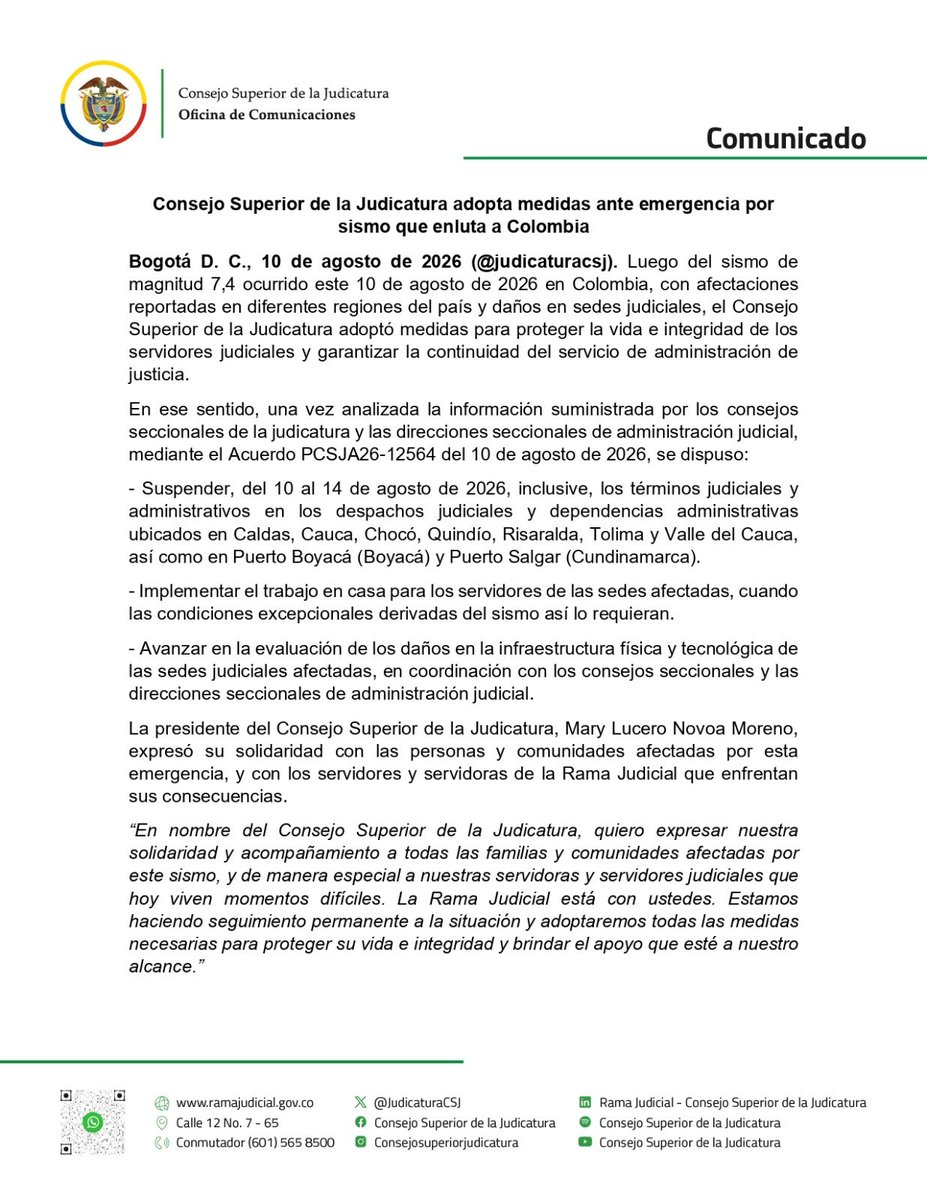 judicaturacsj's tweet photo. #Atención | El Consejo Superior de la Judicatura, con ocasión del evento sísmico ocurrido en San José del Palmar, Chocó, adoptó medidas especiales para la protección de la vida e integridad, y garantizar continuidad del servicio de administración de justicia.

🧵1/4 https://t.co/ntNDaSq9p3