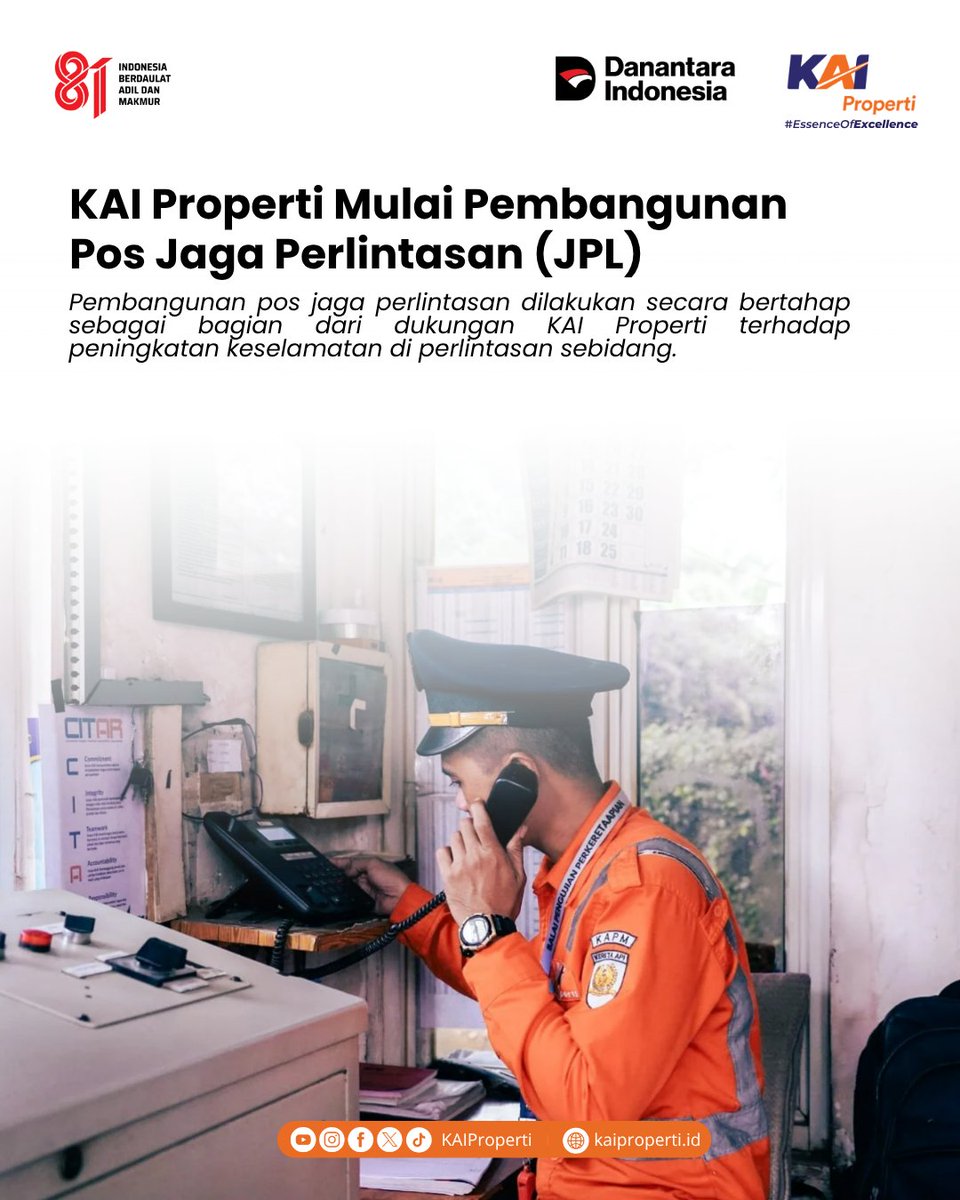 KAIProperti's tweet photo. KAI Properti terus mendukung program peningkatan keselamatan perkeretaapian nasional melalui pembangunan beberapa titik Pos Jaga Perlintasan (JPL) yang ditargetkan rampung pada 2026.

#KAIProperti #EssenceOfExcellence #SemakinMelayani https://t.co/yC6xLdQX9C