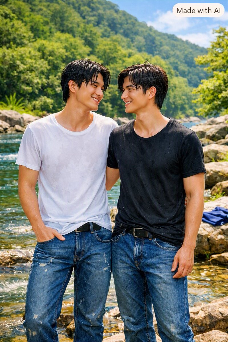 TripleAILovers's tweet photo. 水遊びのはずだったのに、
気づけば距離は0cm。💦

It was supposed to be just a day at the river…
Then the distance became zero.

#AIart
#GayArt 
#GayCouple https://t.co/qnGsQxdxfa