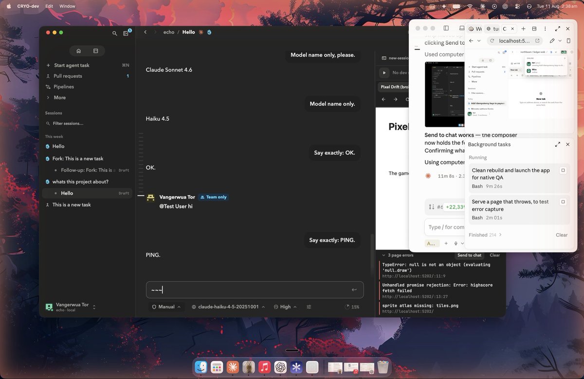 torstbrn's tweet photo. @ClaudeDevs Claude’s computer use is so annoying to work with; I literally have to stop all I’m doing so as not to interrupt it. ChatGPT Codex is definitely superior here. 😏 https://t.co/DSPxLEcQun