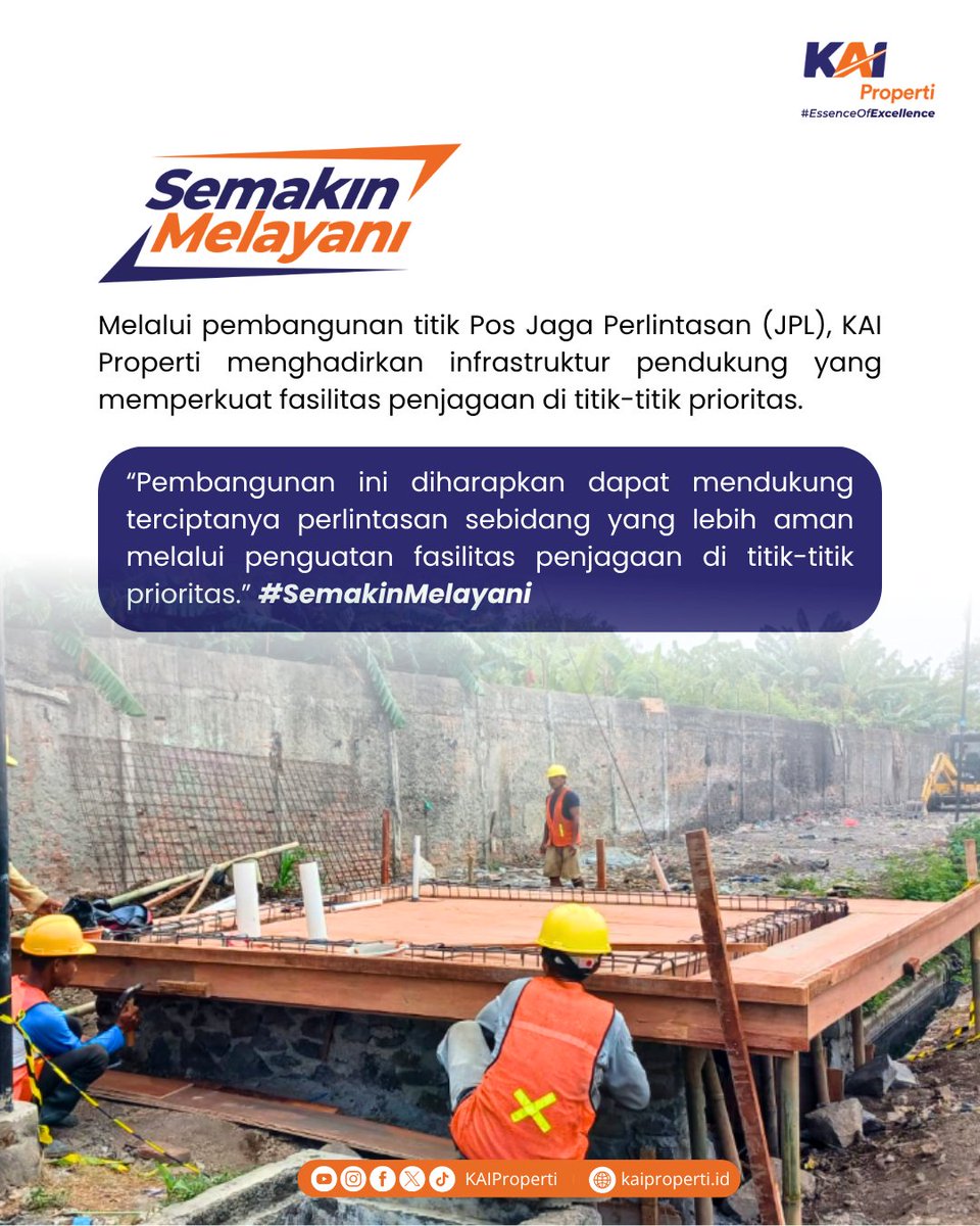 KAIProperti's tweet photo. KAI Properti terus mendukung program peningkatan keselamatan perkeretaapian nasional melalui pembangunan beberapa titik Pos Jaga Perlintasan (JPL) yang ditargetkan rampung pada 2026.

#KAIProperti #EssenceOfExcellence #SemakinMelayani https://t.co/yC6xLdQX9C